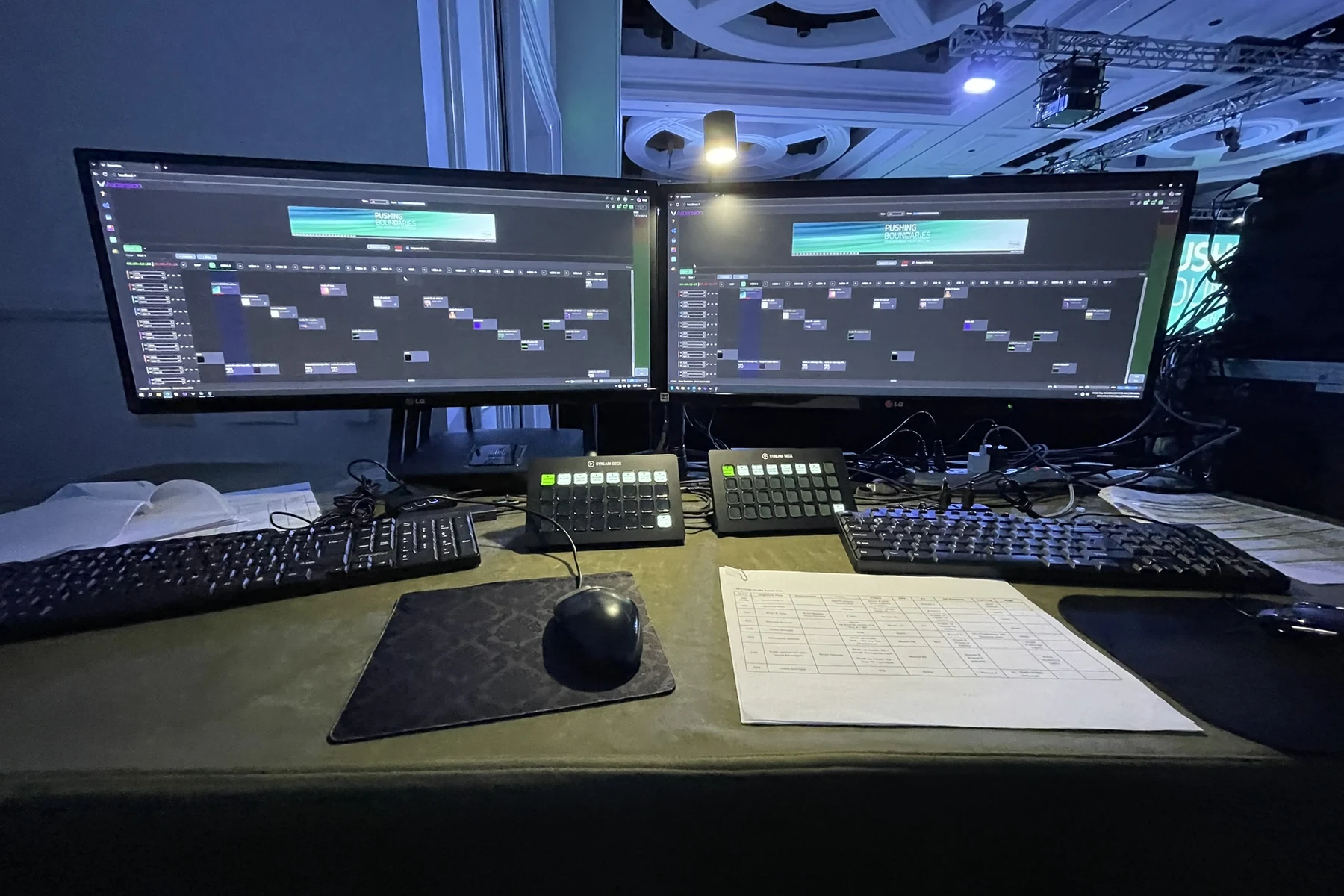 Dual Ascension workstations and Stream Deck control surfaces at a live production position