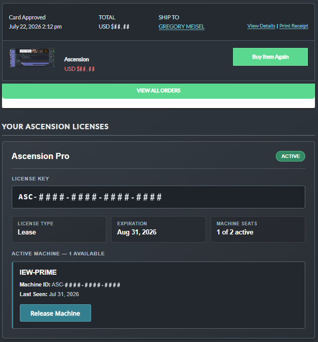 IEW Solutions online account showing Ascension licenses, active machine seats, expiration information and machine release controls.
