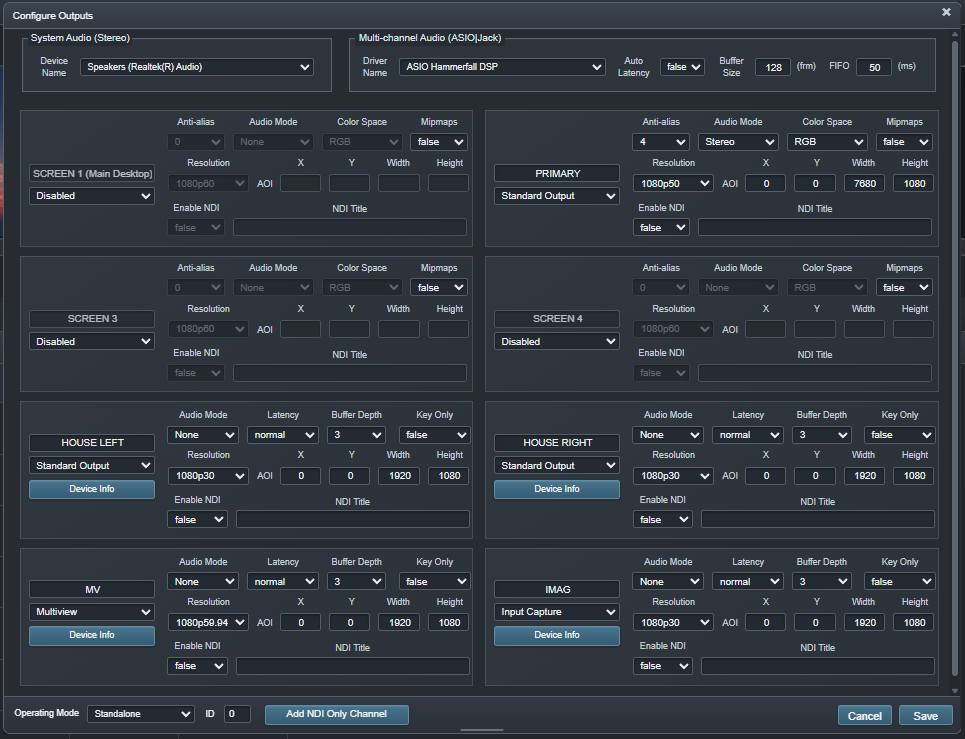 Ascension output configuration panel