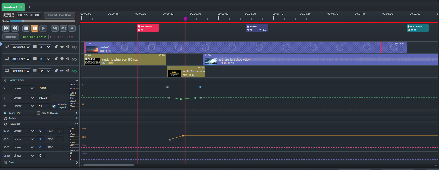 Ascension multi-track timeline with media, waveforms and control cues