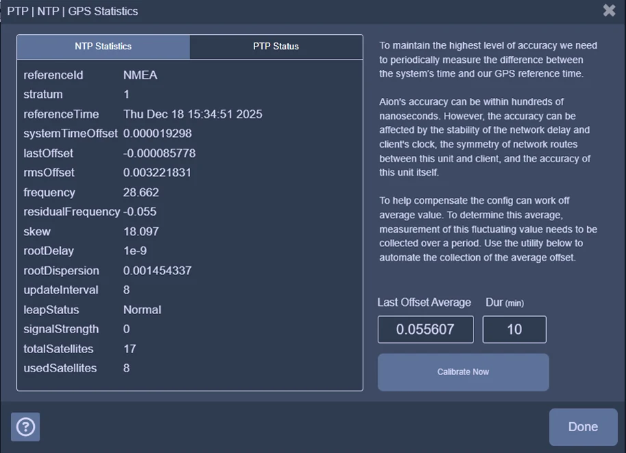 Aion PTP, NTP and GPS statistics panel