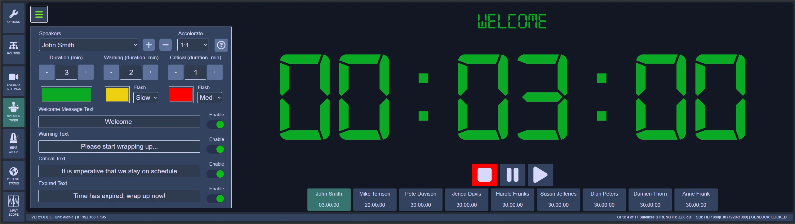 Aion Speaker Timer interface with presets, countdown controls and message settings