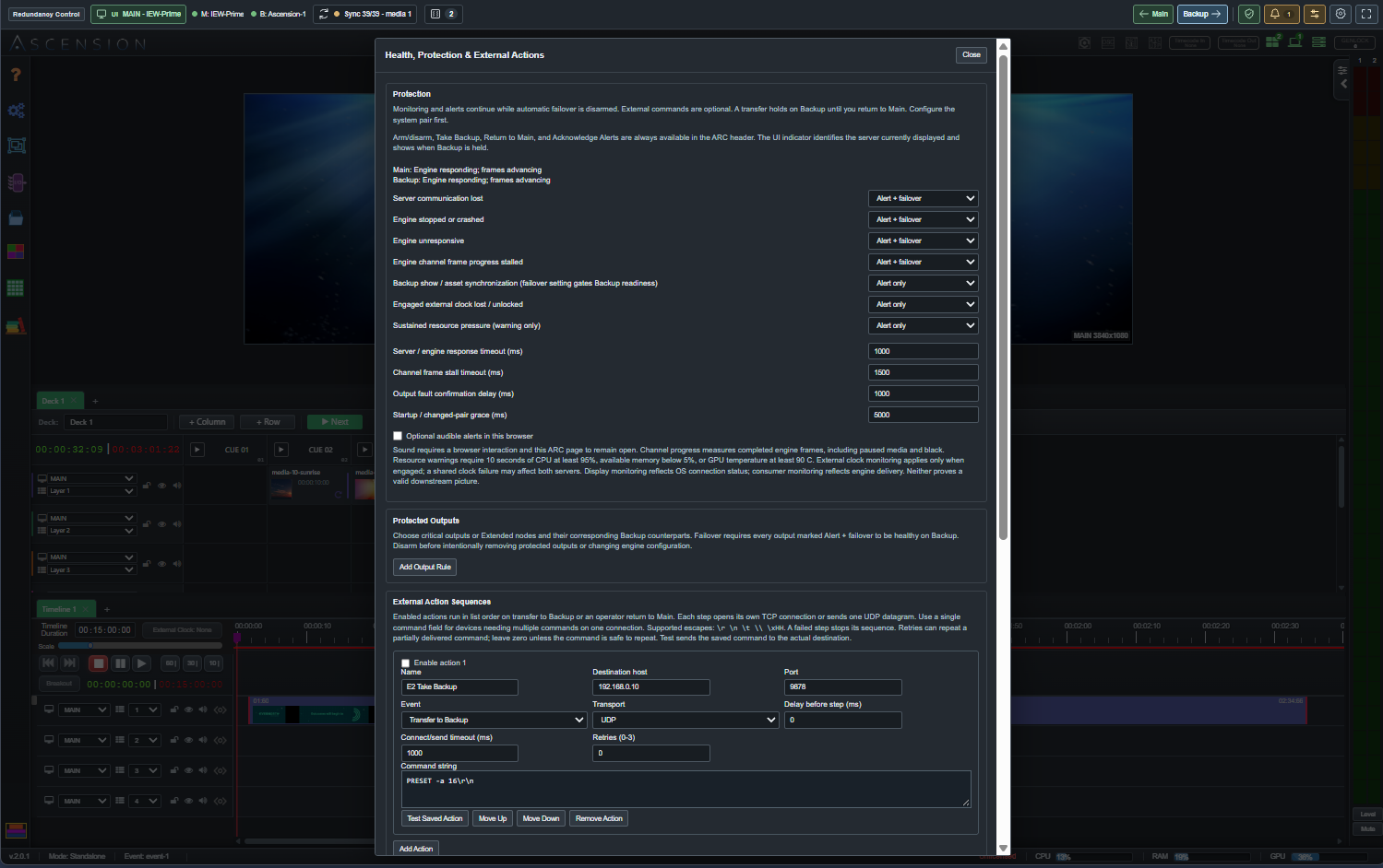 ARC protection settings over the Ascension workspace, with fault policies, protected outputs and external action sequences
