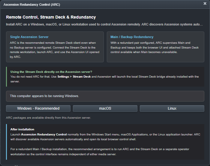 Ascension Redundancy Control download dialog with single-server and Main / Backup guidance, Windows, macOS and Linux packages, and installation instructions
