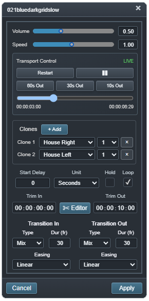 CueBoard asset properties with playback, routing and transition controls