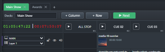 CueBoard deck tabs, transport clocks, rows and cue controls