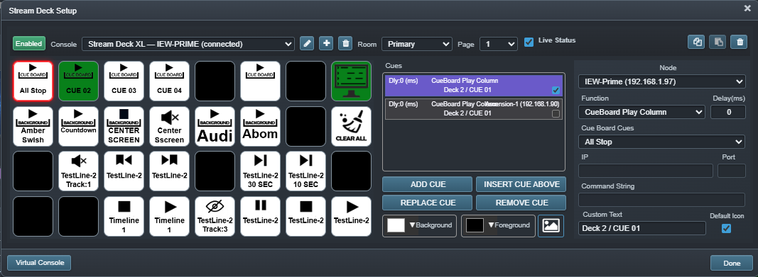Ascension Stream Deck Setup editor showing button layout, cue stack, node target, function selection and live status