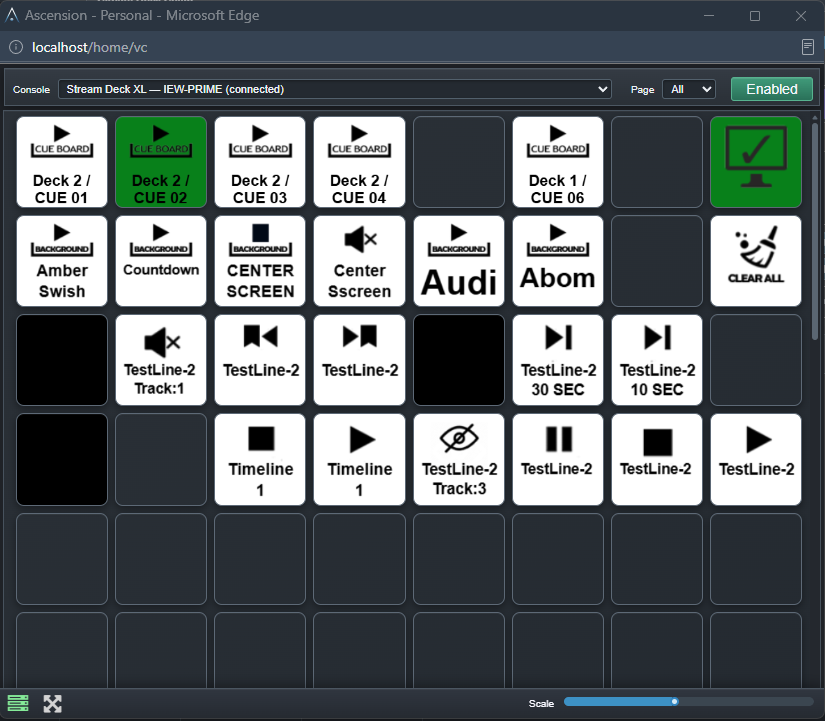 Ascension Virtual Console in a desktop browser mirroring a configured Stream Deck surface