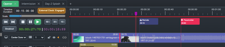 Ascension Timeline showing multiple named timelines, external clock and control cues