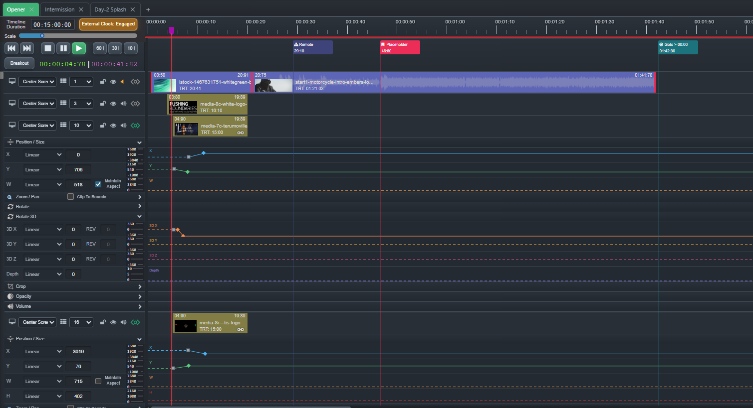 Ascension Timeline with routed tracks, media, control cues, external clock and expanded Tween lanes