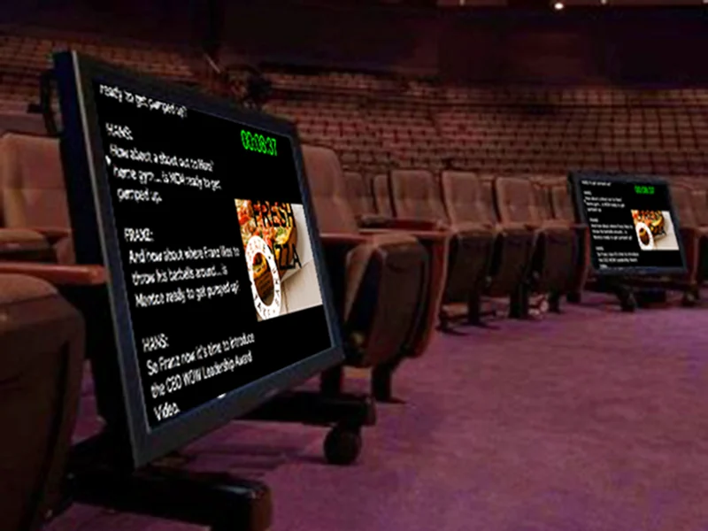 Two xPrompter displays positioned in a theater